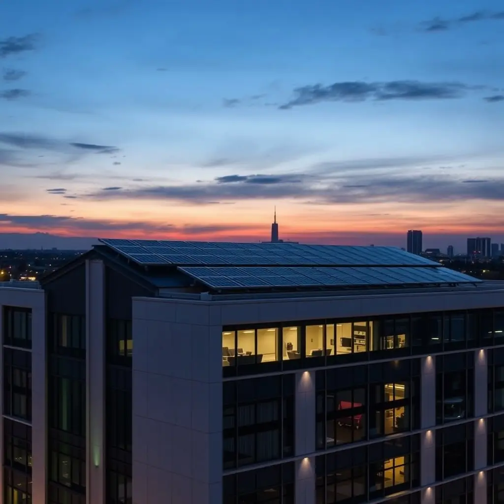 Commercial rooftop solar installation at dusk