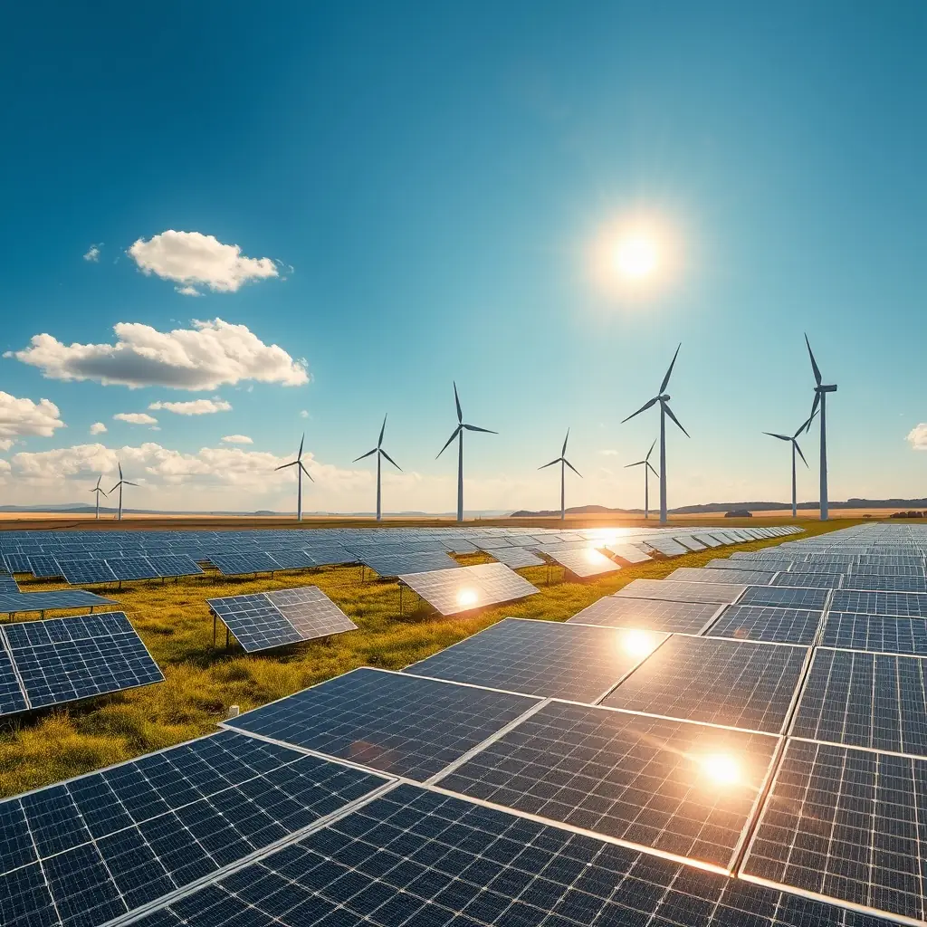 Field of solar panels and wind turbines under a clear blue sky