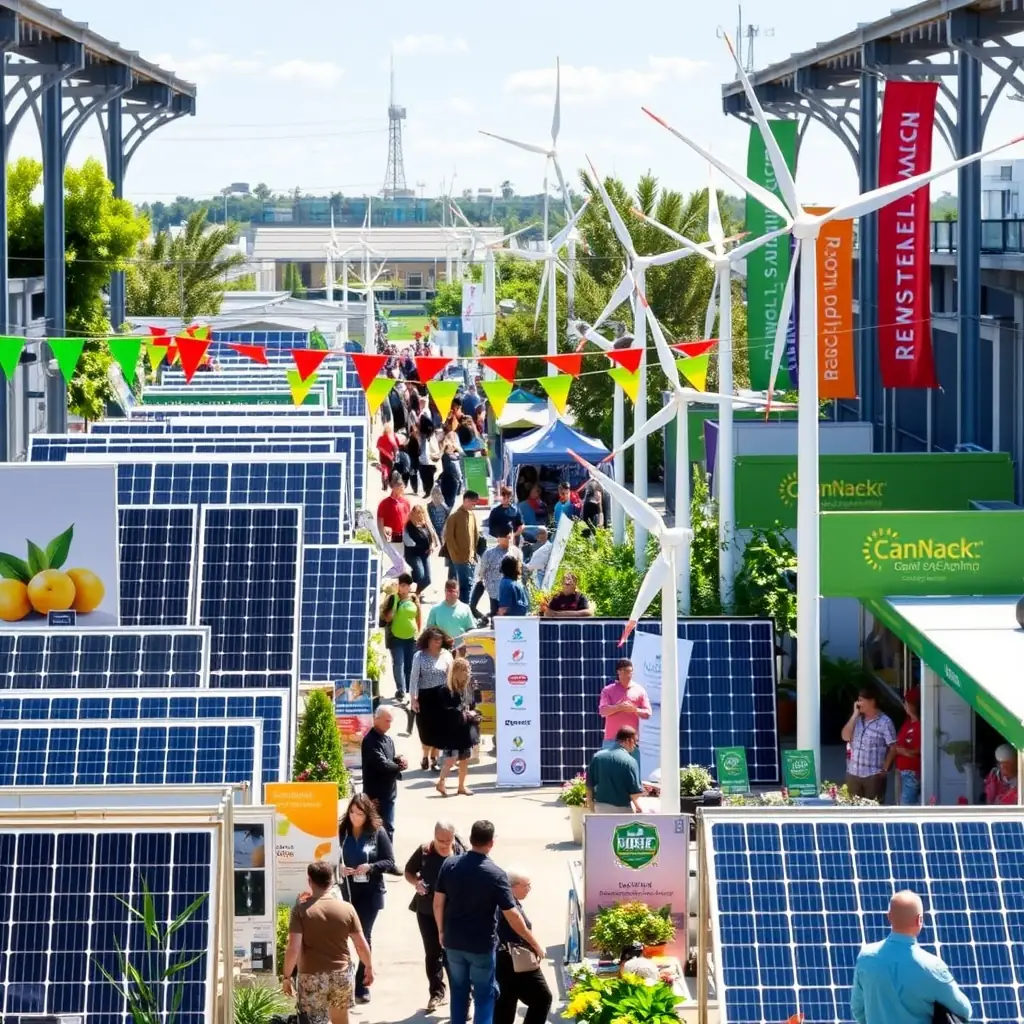 Renewable energy marketplace with solar panels and wind turbines