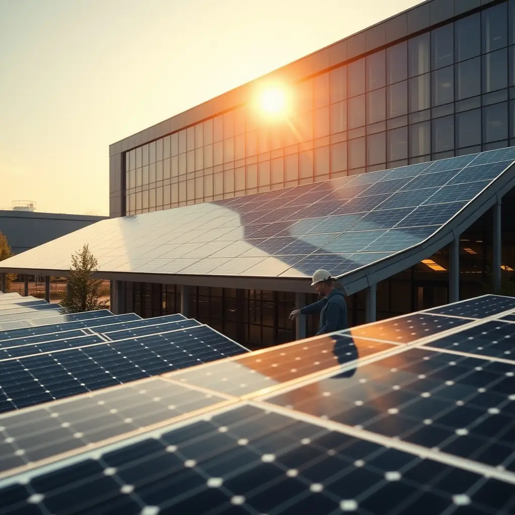 Commercial building with solar panels and technician